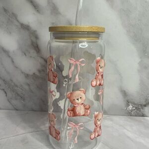 Cute Pink Teddy Bear Glass Tumbler